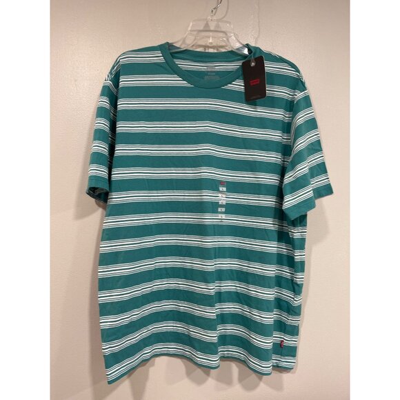 Levi’s Mens Red Tag Striped Relaxed T-shirt Shirt White Teal Size‎ Medium NWT - Picture 1 of 8